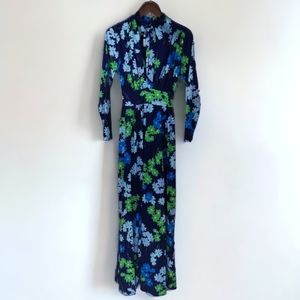 Vintage Keram Vintage Floral Bow Tie Neck Long Sleeve Dress - Women's Tall